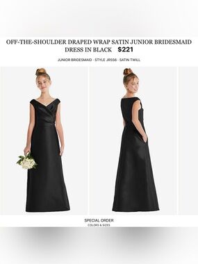 Dessy Collection Junior Off-the-Shoulder Satin Gown in Black